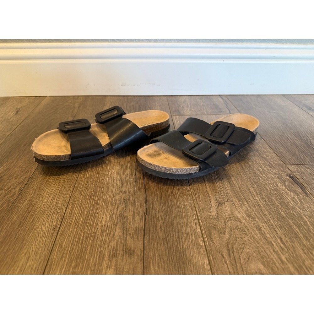 Old Navy Earth Sandals Black Double Strap Buckle Slide Cork Footbed 9 Blackjack